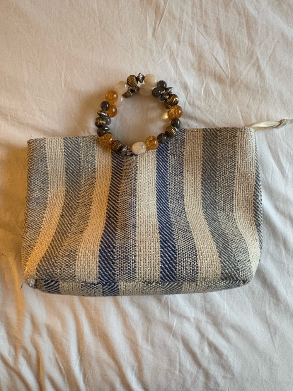 Nanette Lepore Woven Stripe Clutch Pouch Blue White Beaded Handle